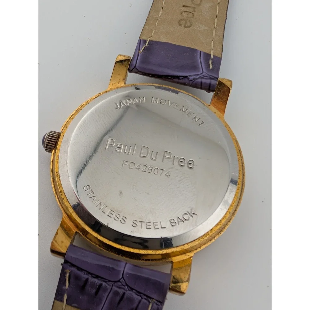 Paul Du Pree Watch Women 37mm Gold Case Purple Leather‎ Band- New Battery